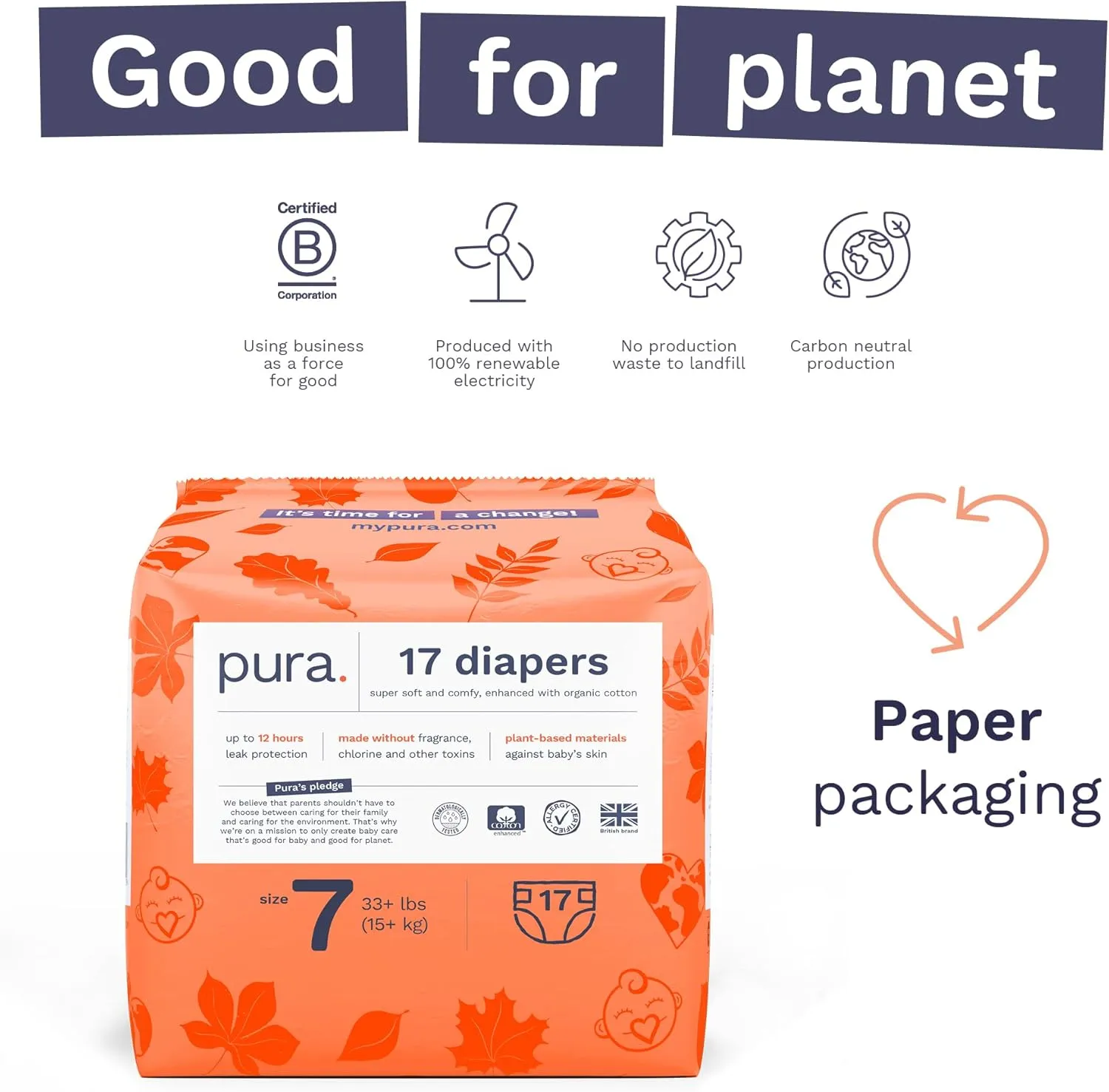 Pura Size 7 Eco-Friendly Diapers (33 lbs) Totally Chlorine Free (TCF) Hypoallergenic, Soft Organic Cotton Comfort, Sustainable, up to 12 Hours Leak Protection, Allergy UK,1 Pack of 17 Diapers