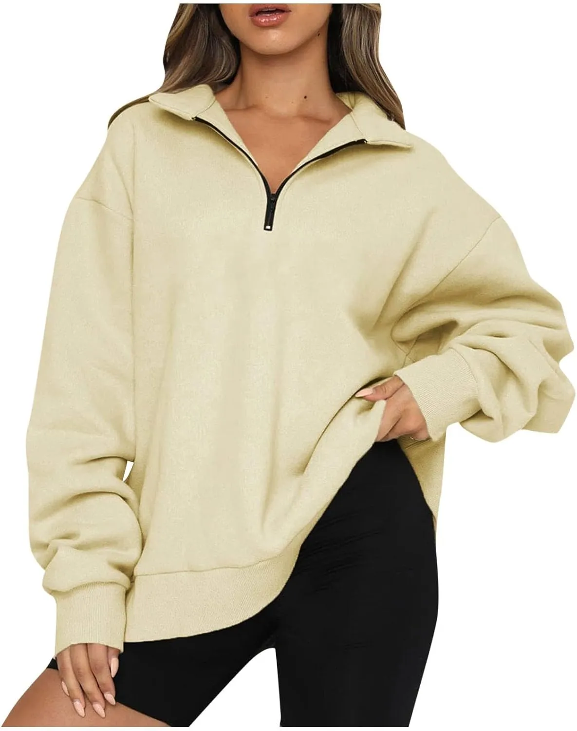 Quarter Zip Sweatshirt Women Oversized Zip Up Hoodie 1/4 Zip Fleece Pullover Long Sleeve Sweater Preppy Sweatshirts