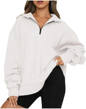 Quarter Zip Sweatshirt Women Oversized Zip Up Hoodie 1/4 Zip Fleece Pullover Long Sleeve Sweater Preppy Sweatshirts