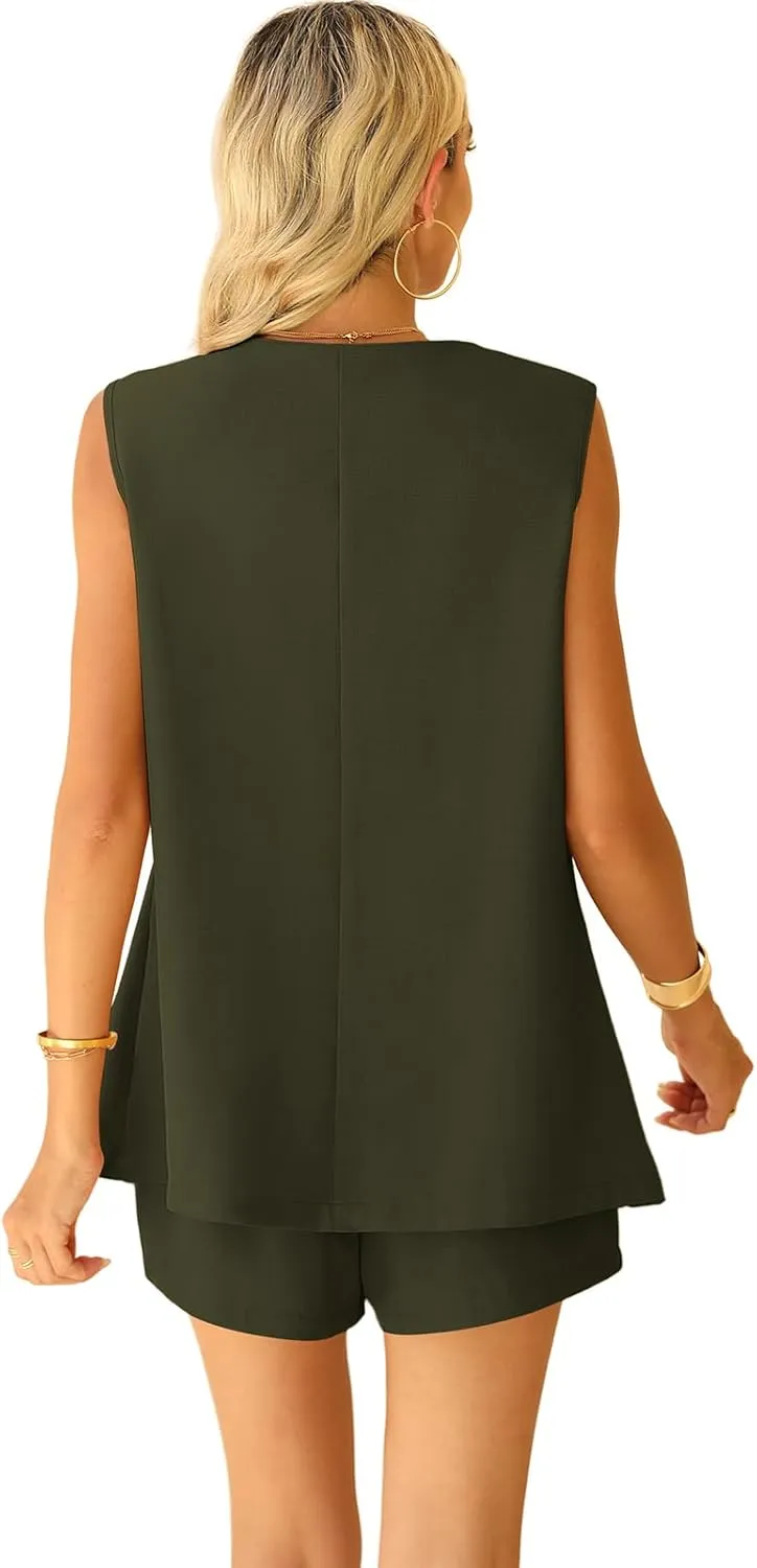 QUEZHU 2 Piece Sets for Women Summer Linen Sleeveless Blazer and Shorts Set 2025 Dressy Casual Outfits Matching Set