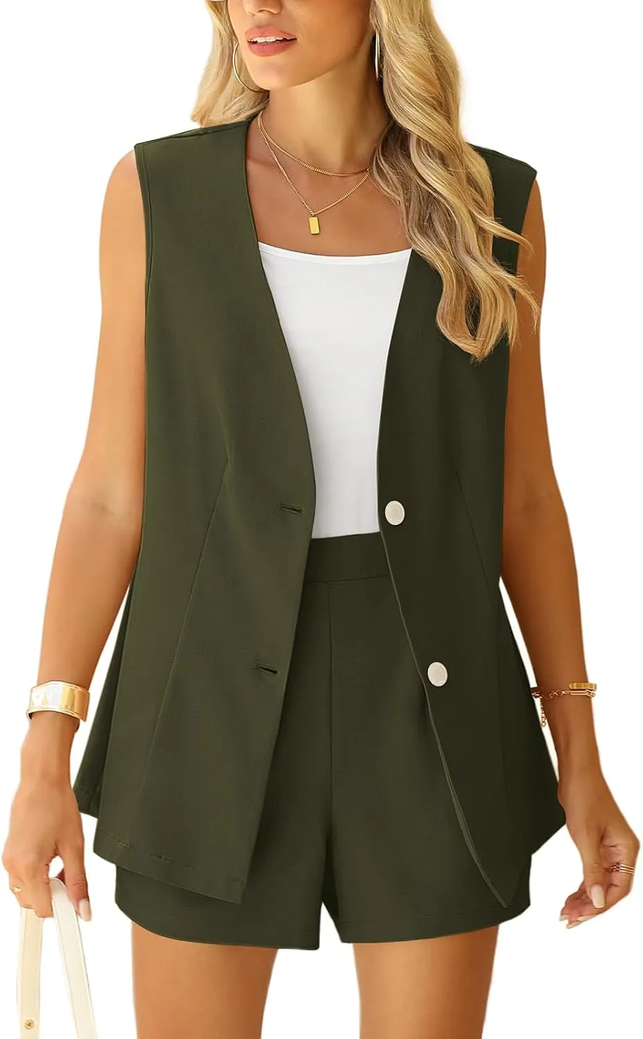 QUEZHU 2 Piece Sets for Women Summer Linen Sleeveless Blazer and Shorts Set 2025 Dressy Casual Outfits Matching Set