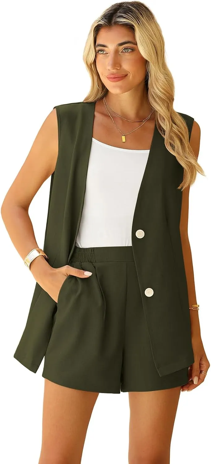 QUEZHU 2 Piece Sets for Women Summer Linen Sleeveless Blazer and Shorts Set 2025 Dressy Casual Outfits Matching Set