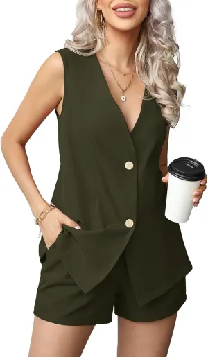 QUEZHU 2 Piece Sets for Women Summer Linen Sleeveless Blazer and Shorts Set 2025 Dressy Casual Outfits Matching Set