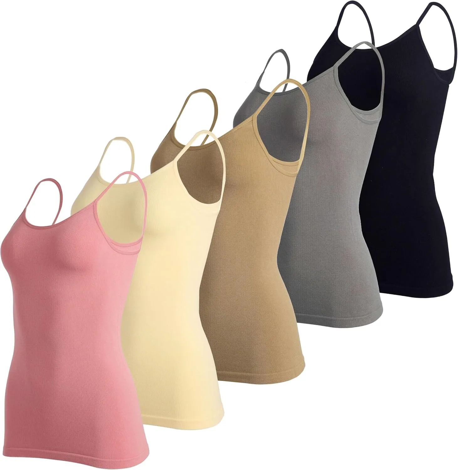 Real Essentials 5 Pack: Women's Ribbed Spaghetti Strap Camisole Seamless Tank Top
