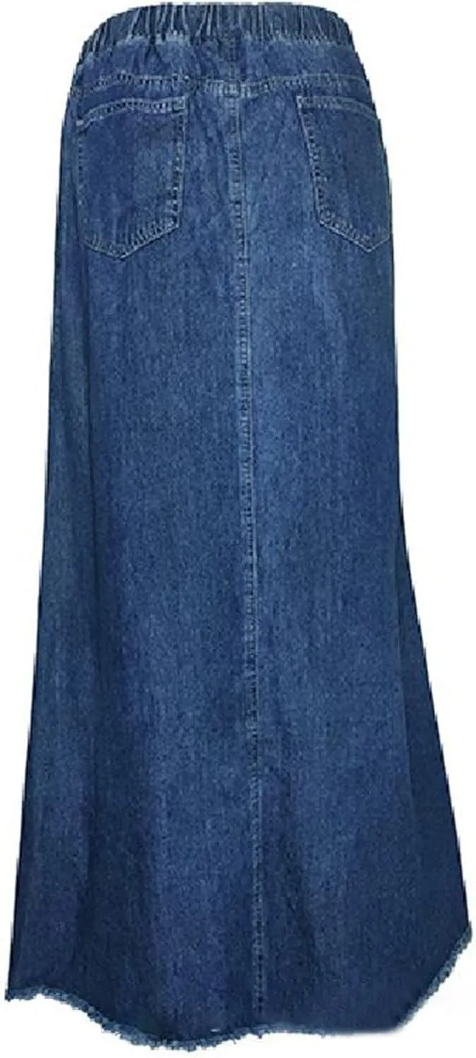 Retro Elastic High Waisted Denim Skirts for Women Vintage Casual Stretchy A Line Maxi Jean Skirt with Pockets