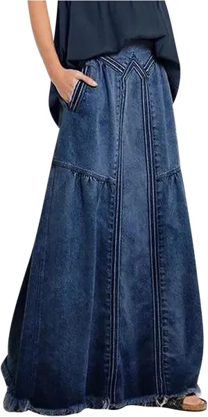 Retro Elastic High Waisted Denim Skirts for Women Vintage Casual Stretchy A Line Maxi Jean Skirt with Pockets