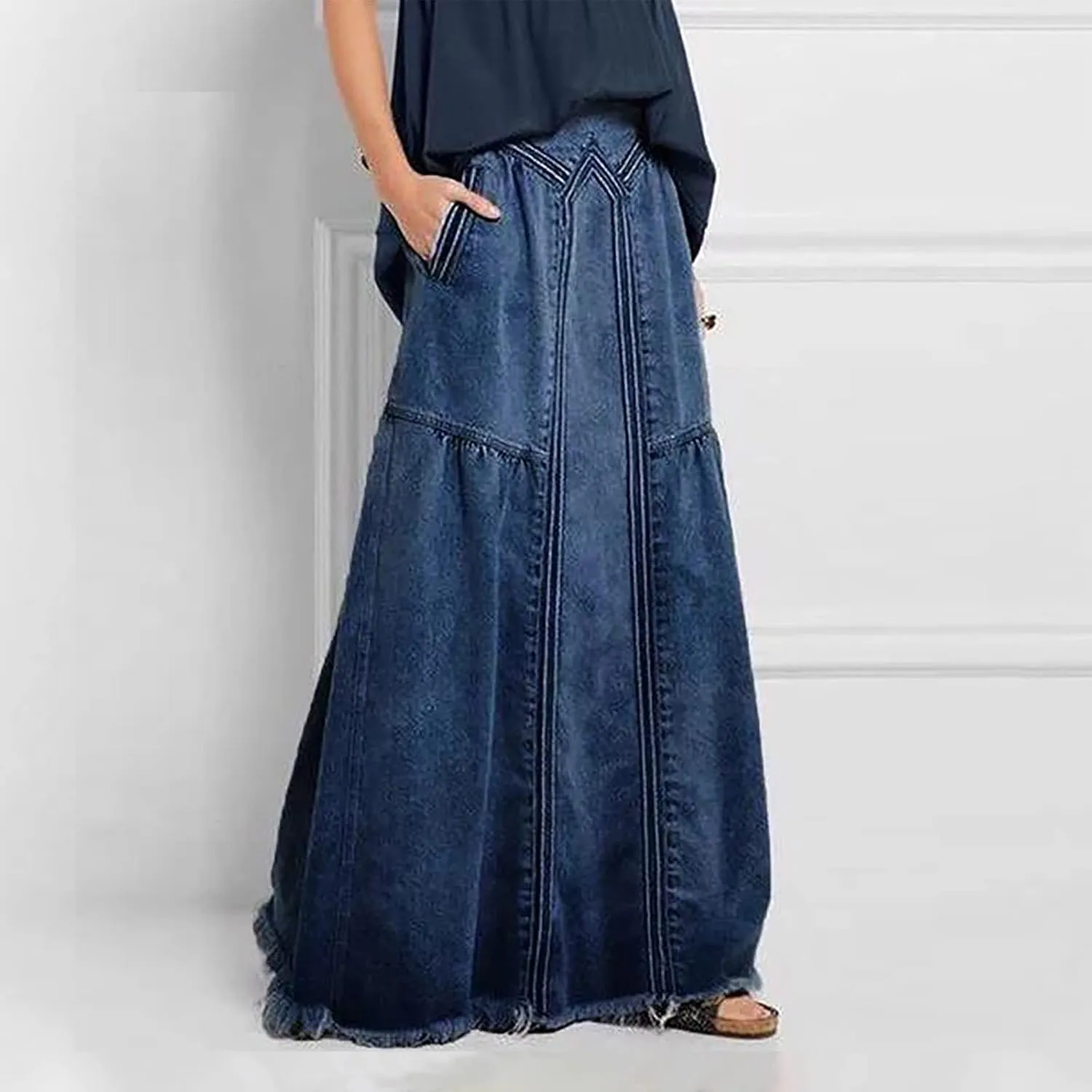 Retro Elastic High Waisted Denim Skirts for Women Vintage Casual Stretchy A Line Maxi Jean Skirt with Pockets