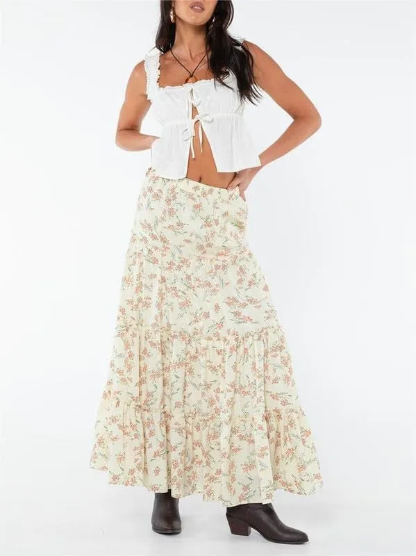 Sastianaen Women Y2k Ruffle Maxi Skirt Vintage Flowy A Line Tiered Long Skirt Boho High Waist Skirt Going Out Beachwear