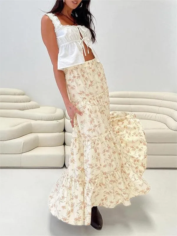 Sastianaen Women Y2k Ruffle Maxi Skirt Vintage Flowy A Line Tiered Long Skirt Boho High Waist Skirt Going Out Beachwear