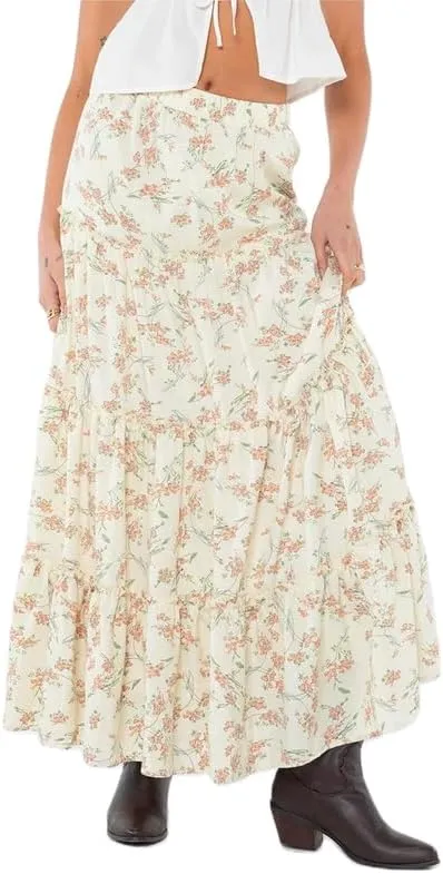 Sastianaen Women Y2k Ruffle Maxi Skirt Vintage Flowy A Line Tiered Long Skirt Boho High Waist Skirt Going Out Beachwear