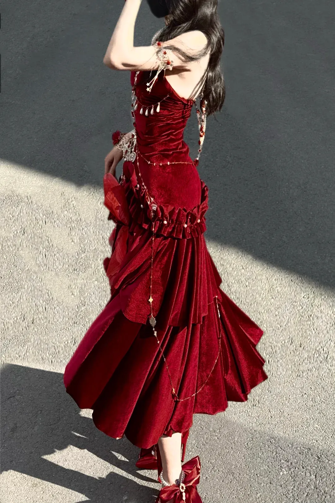 Sexy Wine Red Mermaid Velvet Long Evening Party Dress Birthday Outfits, D970