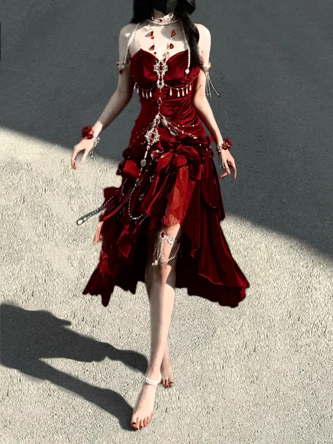 Sexy Wine Red Mermaid Velvet Long Evening Party Dress Birthday Outfits, D970