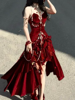 Sexy Wine Red Mermaid Velvet Long Evening Party Dress Birthday Outfits, D970
