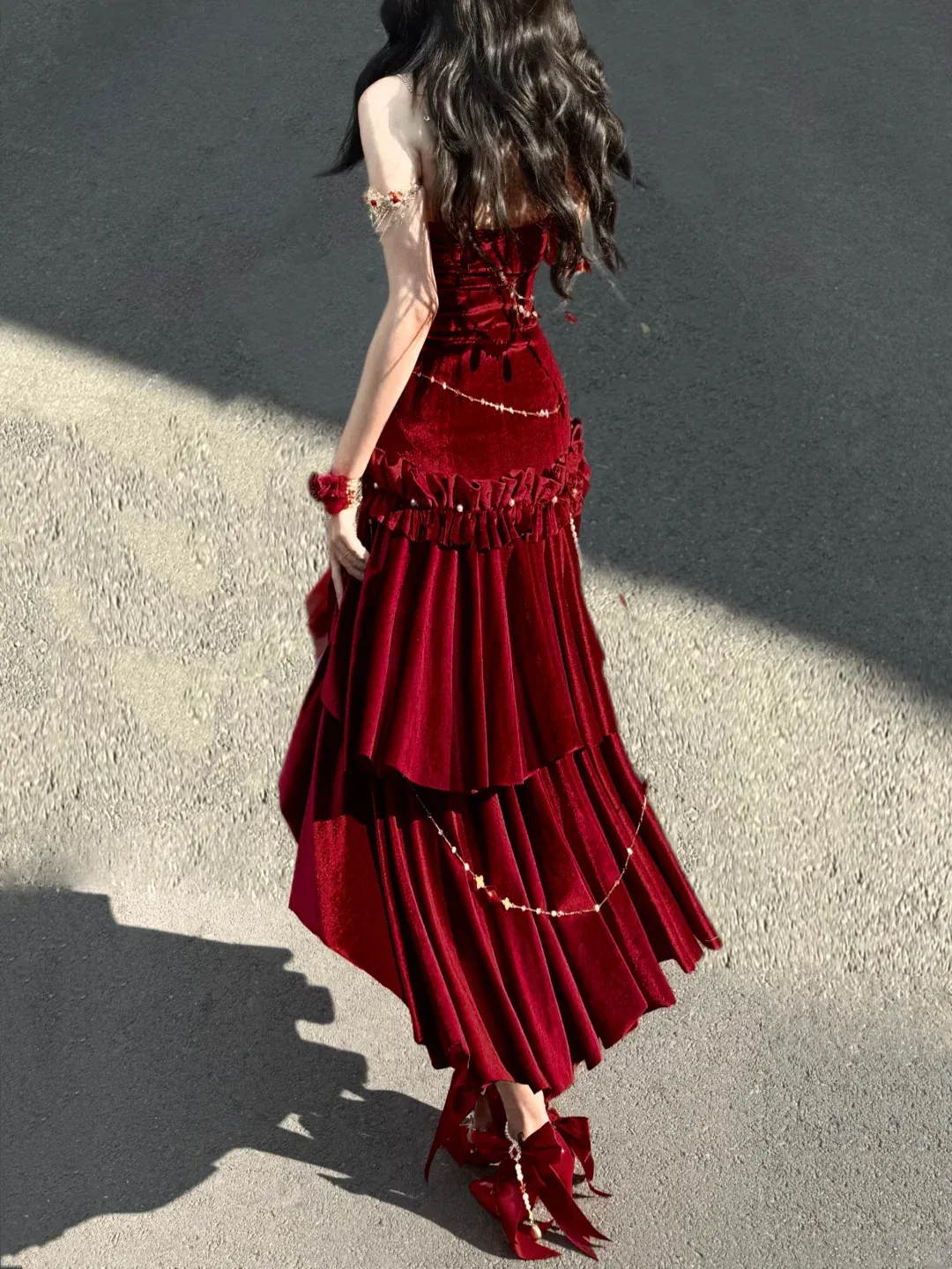 Sexy Wine Red Mermaid Velvet Long Evening Party Dress Birthday Outfits, D970