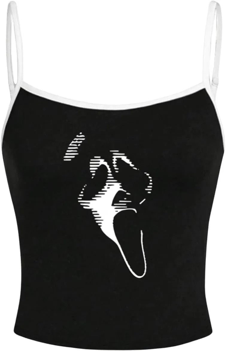 SHENHE Women's Funny Scream Ghostface Spaghetti Strap Gothic Cropped Camisole Cute Top