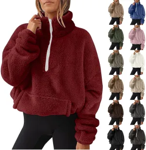 Sherpa Half Zip Pullover Women Oversized Quarter Zip Cropped Sweatshirt Fuzzy Fleece Lined Zip Up Hoodie with Pockets