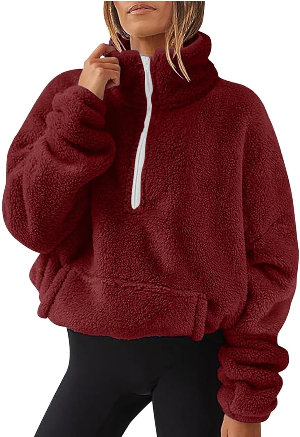 Sherpa Half Zip Pullover Women Oversized Quarter Zip Cropped Sweatshirt Fuzzy Fleece Lined Zip Up Hoodie with Pockets