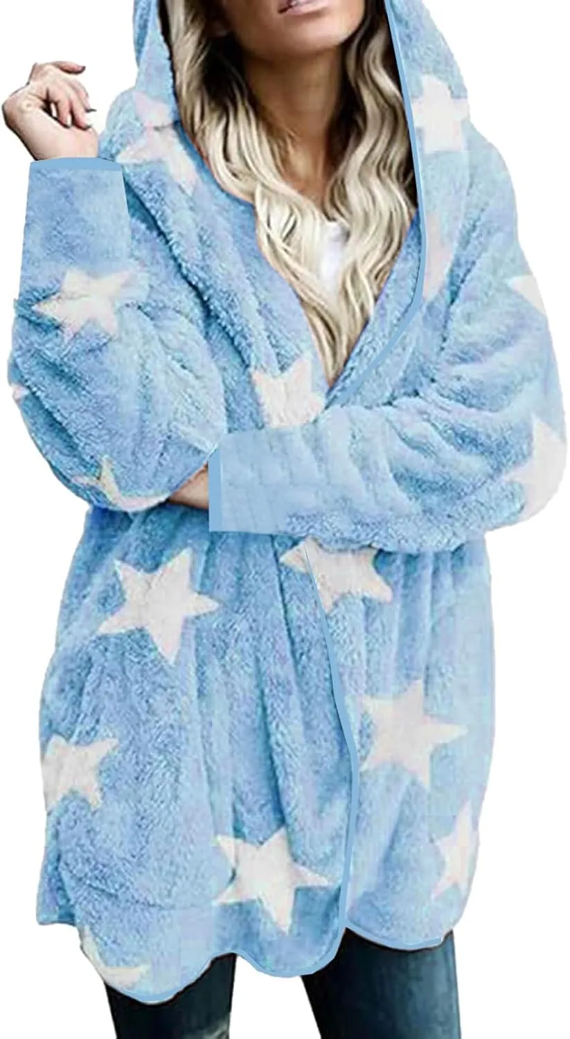 Sherpa Jacket Women Fuzzy Fleece Open Front Hooded Cardigan Cute Star Graphic Hoodie Fluffy Warm Winter Coats Outwear
