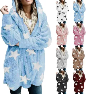 Sherpa Jacket Women Fuzzy Fleece Open Front Hooded Cardigan Cute Star Graphic Hoodie Fluffy Warm Winter Coats Outwear