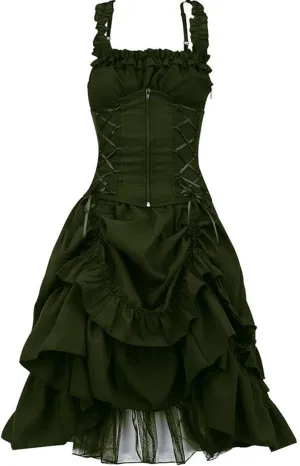 SHOPESSA Women's Gothic Dress Sleeveless Irregular Halloween Ruffle Steampunk Mini Dress Lace Up Masquerade Costume Dresses Green