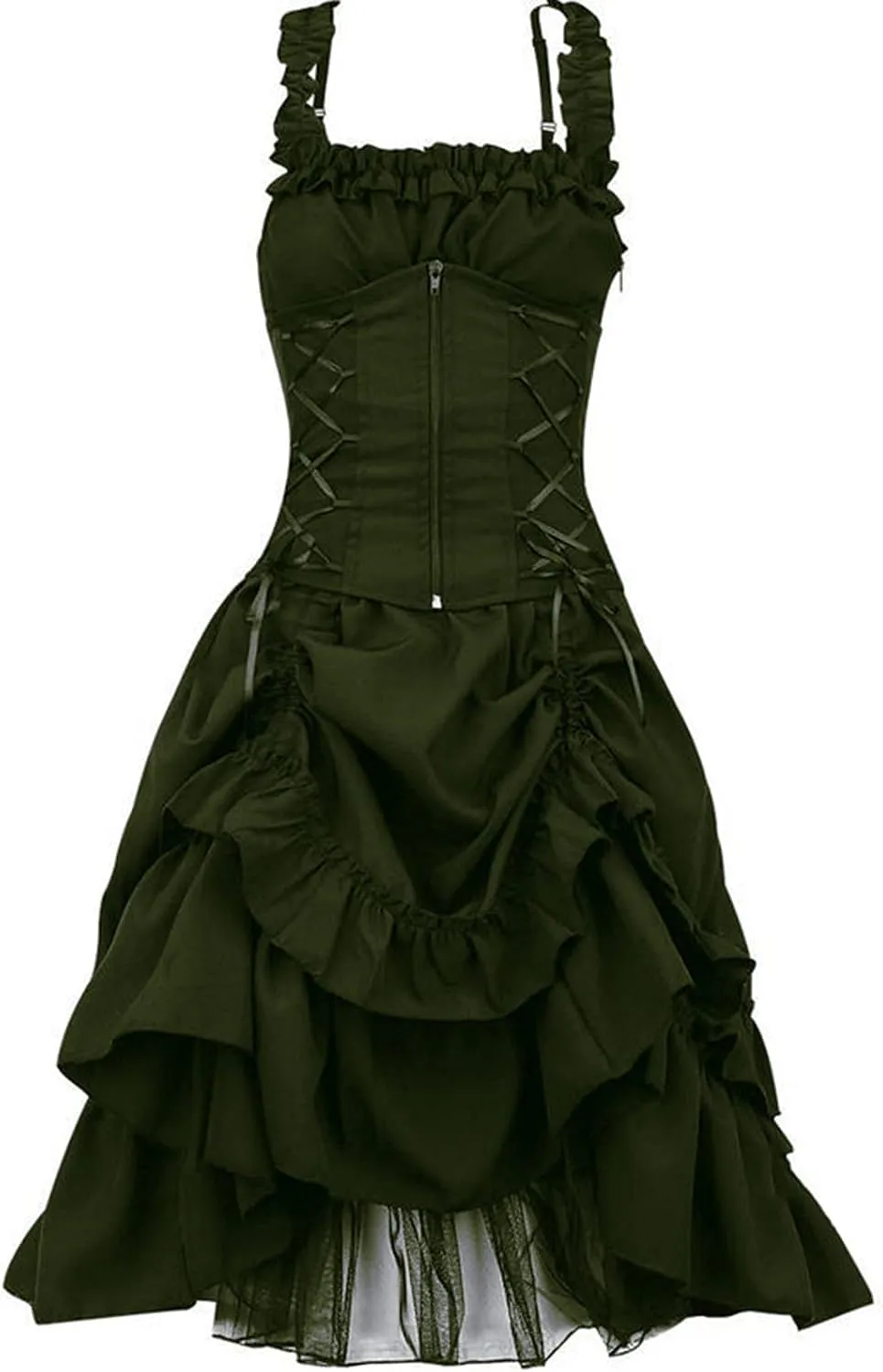 SHOPESSA Women's Gothic Dress Sleeveless Irregular Halloween Ruffle Steampunk Mini Dress Lace Up Masquerade Costume Dresses Green