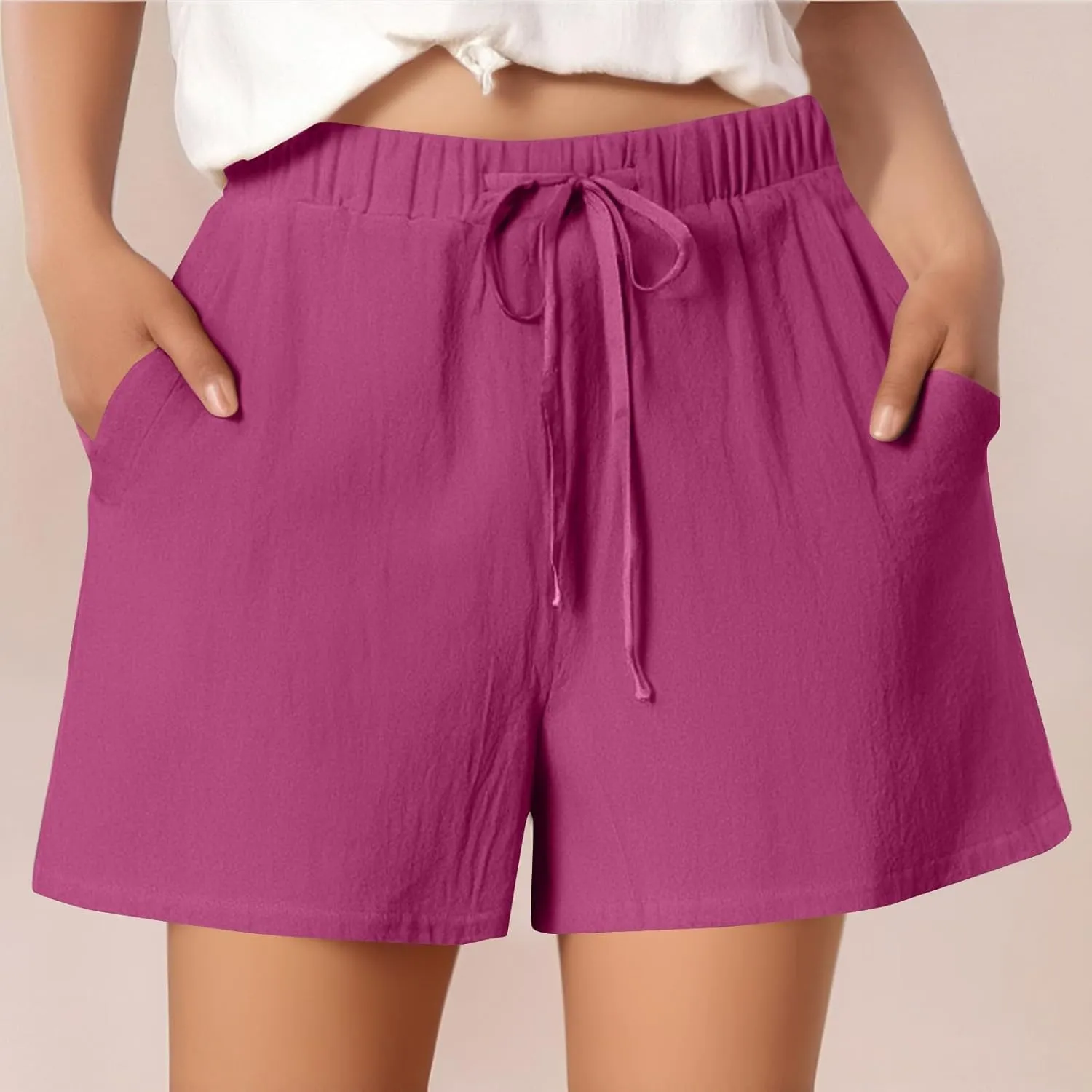 Shorts for Women 2025 Trendy Summer Elastic Beach Shorts with Pockets Linen Solid High Rise Travel Pants Loose Fashion