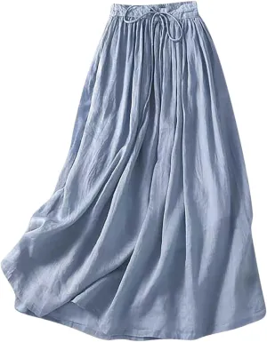Skirts for Women A-Line Cotton Linen Flowy Skirt Casual High Waisted Comfort Skirt Fashion Drawstring Maxi Skirt