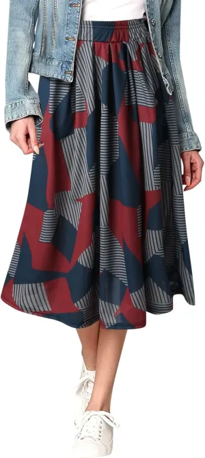 Skirts for Women Fashion Ladys Print Skirt Elastic Waist Loose Long A Shaped Skirts Pleated Skirt Girls Midi