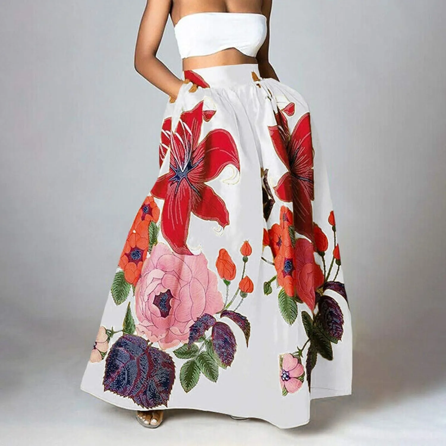 Skirts for Women Floral Print High Waist Maxi Skirt Casual Loose Flowy Boho Party Long Women's Skirts with Pocket