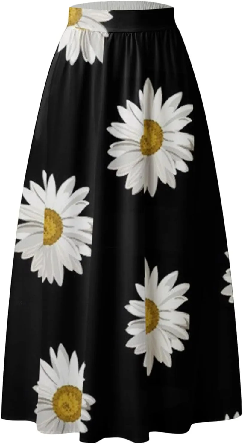 Skirts for Women Floral Print High Waist Maxi Skirt Casual Loose Flowy Boho Party Long Women's Skirts with Pocket