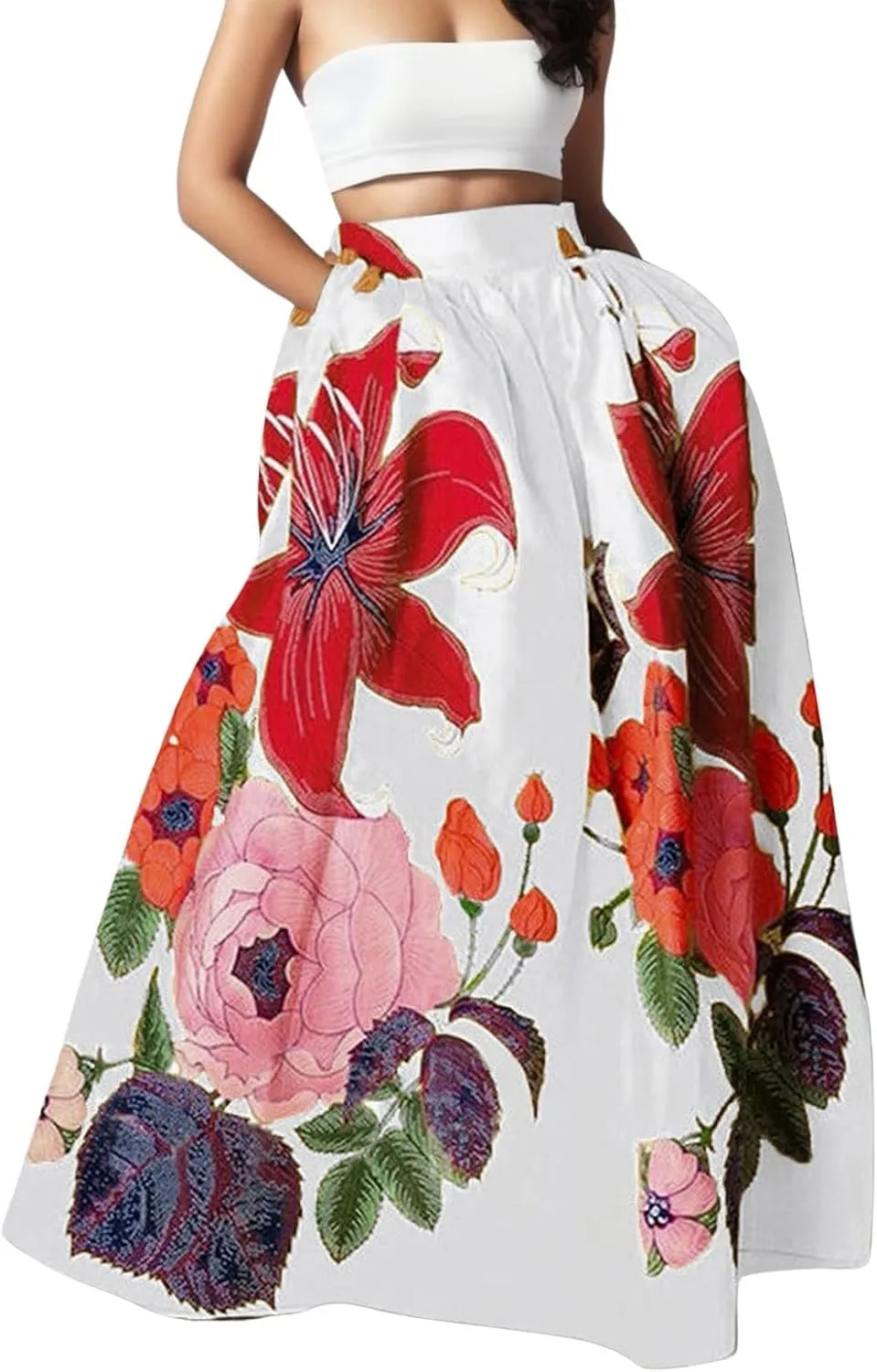 Skirts for Women Floral Print High Waist Maxi Skirt Casual Loose Flowy Boho Party Long Women's Skirts with Pocket