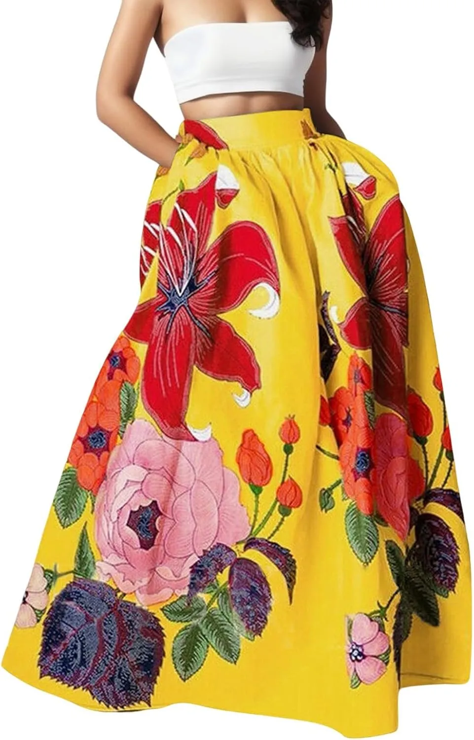 Skirts for Women Floral Print High Waist Maxi Skirt Casual Loose Flowy Boho Party Long Women's Skirts with Pocket