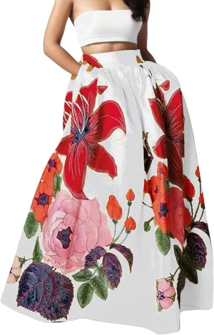 Skirts for Women Floral Print High Waist Maxi Skirt Casual Loose Flowy Boho Party Long Women's Skirts with Pocket