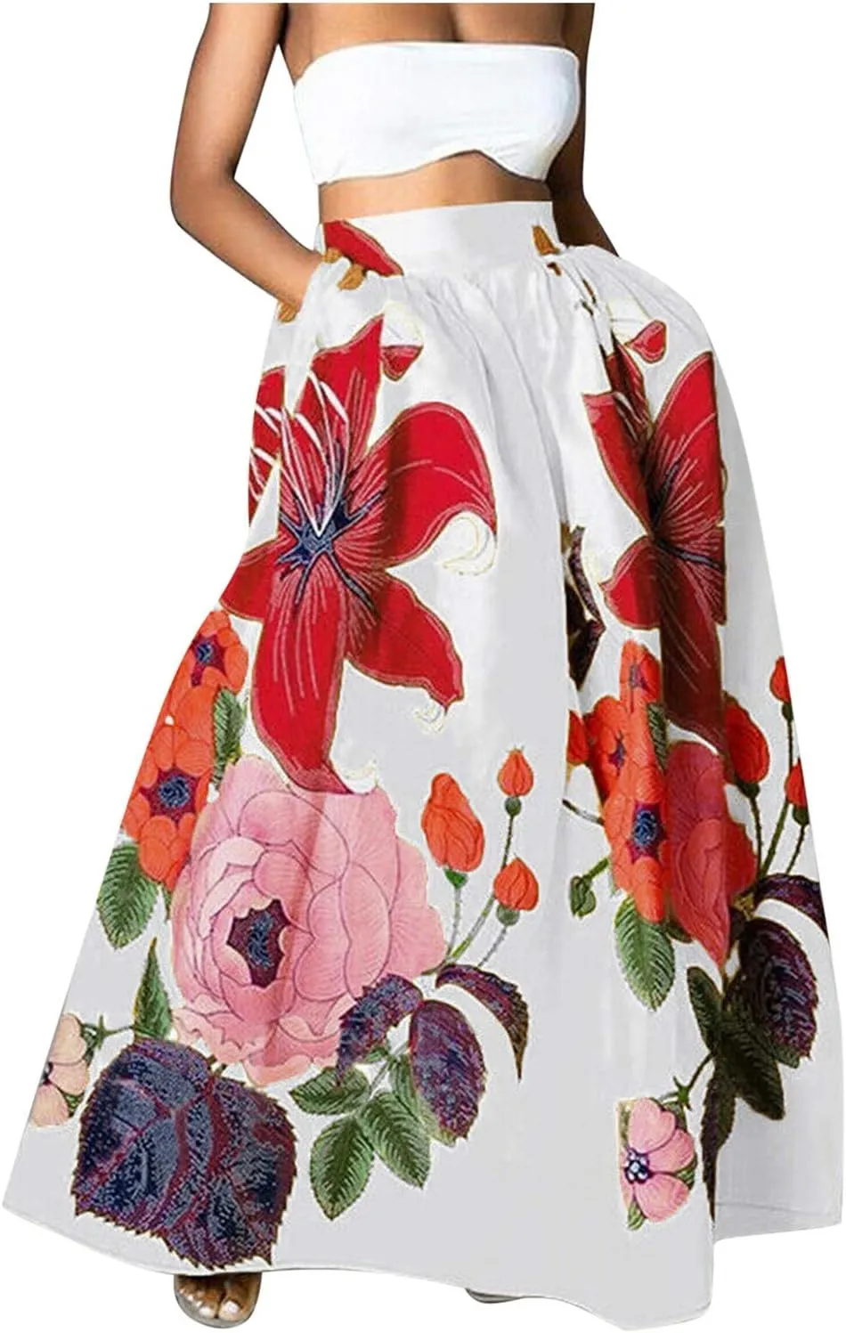 Skirts for Women Floral Print High Waist Maxi Skirt Casual Loose Flowy Boho Party Long Women's Skirts with Pocket
