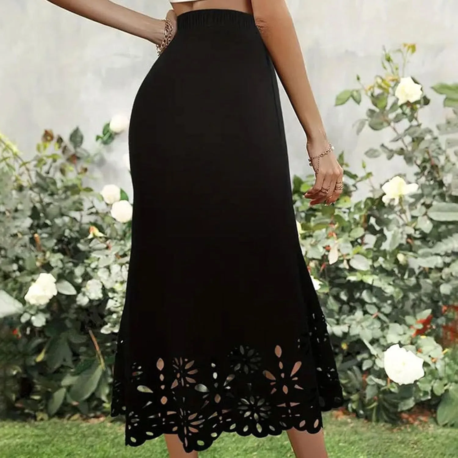 Skirts for Women Midi Length Elastic High Waist Hollow Lace Flower Fishtail Pencil Bodycon Going Out Long Skirt