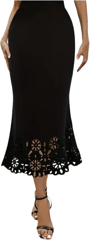 Skirts for Women Midi Length Elastic High Waist Hollow Lace Flower Fishtail Pencil Bodycon Going Out Long Skirt