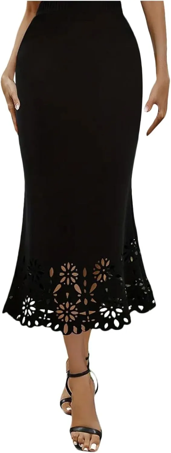 Skirts for Women Midi Length Elastic High Waist Hollow Lace Flower Fishtail Pencil Bodycon Going Out Long Skirt