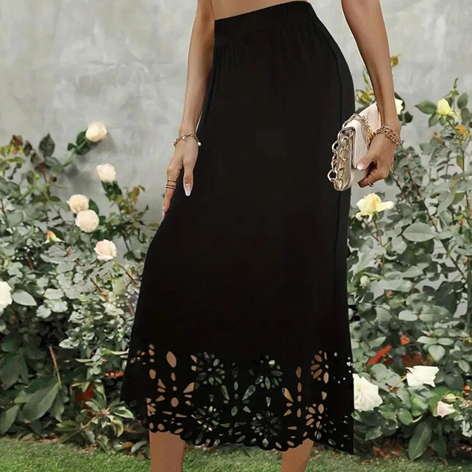 Skirts for Women Midi Length Elastic High Waist Hollow Lace Flower Fishtail Pencil Bodycon Going Out Long Skirt