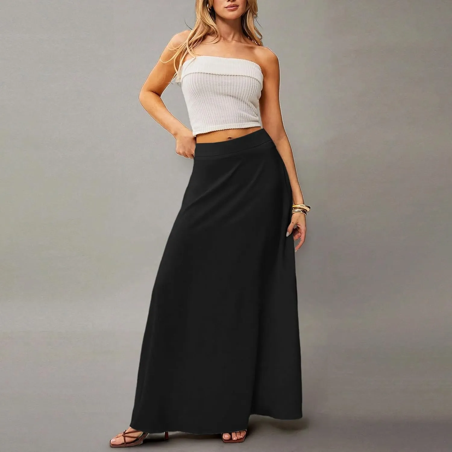 Skirts for Women Midi Length High Waisted Pleated A-Line Summer Swing Long Work Office with Pockets