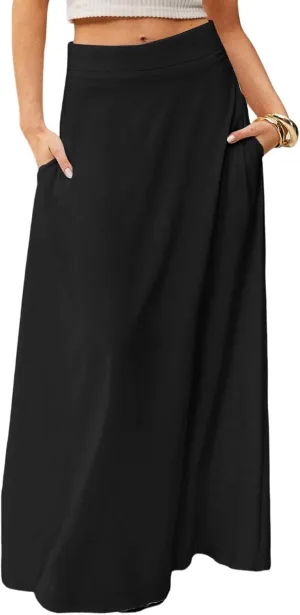 Skirts for Women Midi Length High Waisted Pleated A-Line Summer Swing Long Work Office with Pockets