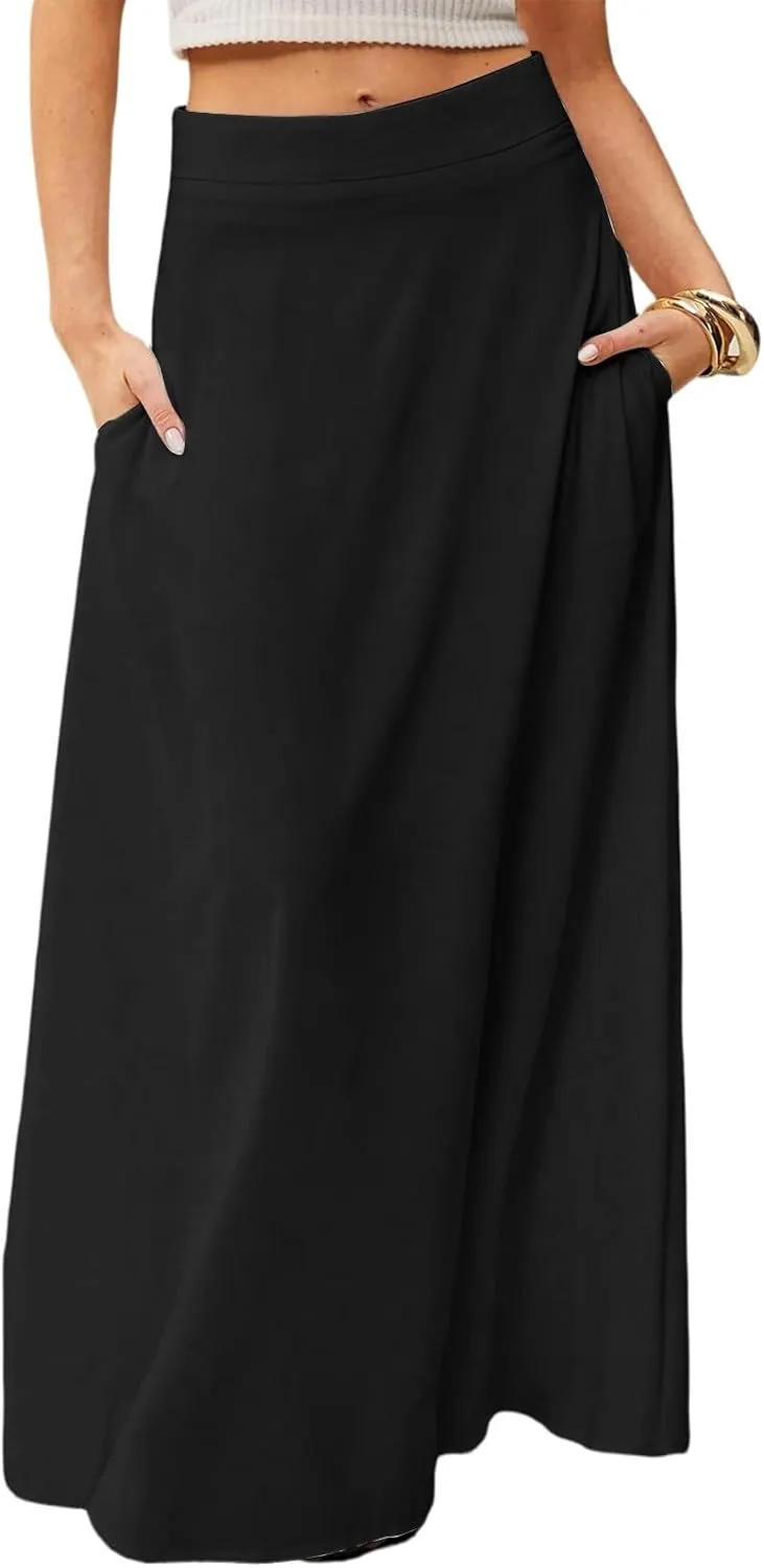 Skirts for Women Midi Length High Waisted Pleated A-Line Summer Swing Long Work Office with Pockets