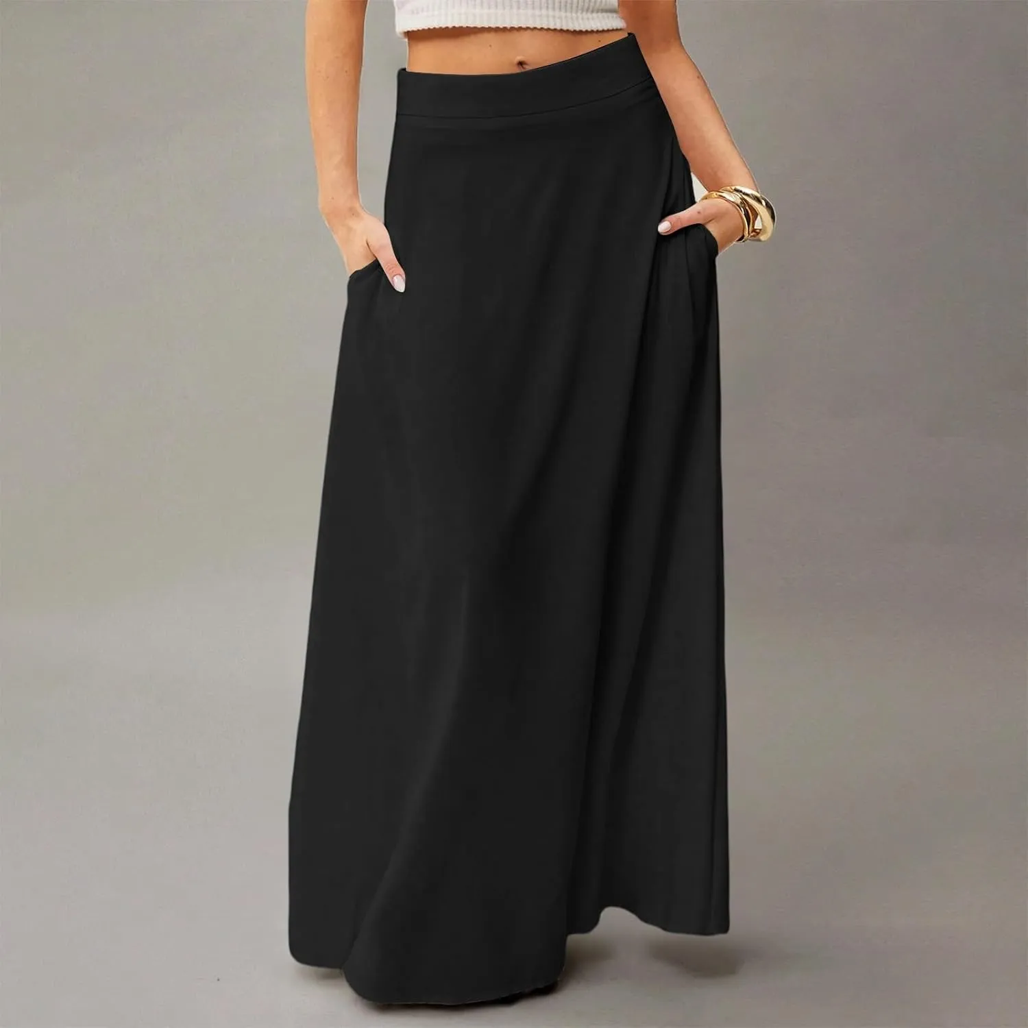 Skirts for Women Midi Length High Waisted Pleated A-Line Summer Swing Long Work Office with Pockets