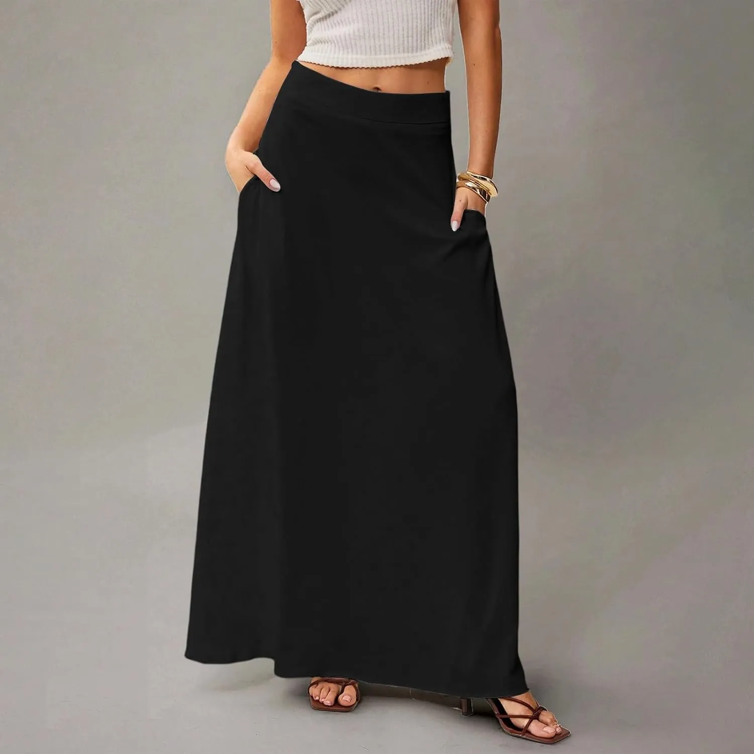 Skirts for Women Midi Length High Waisted Pleated A-Line Summer Swing Long Work Office with Pockets