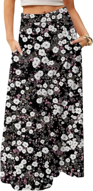 Skirts for Women Midi Length Summer High Waisted Pleated A-Line Swing Floral Long with Pockets