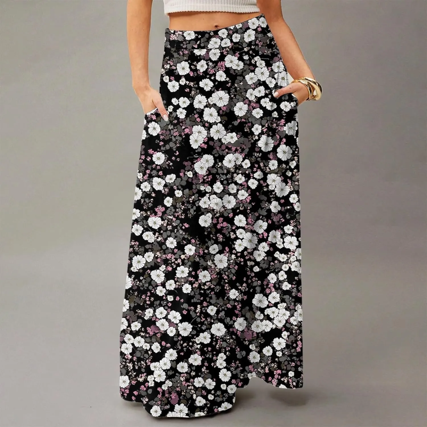 Skirts for Women Midi Length Summer High Waisted Pleated A-Line Swing Floral Long with Pockets