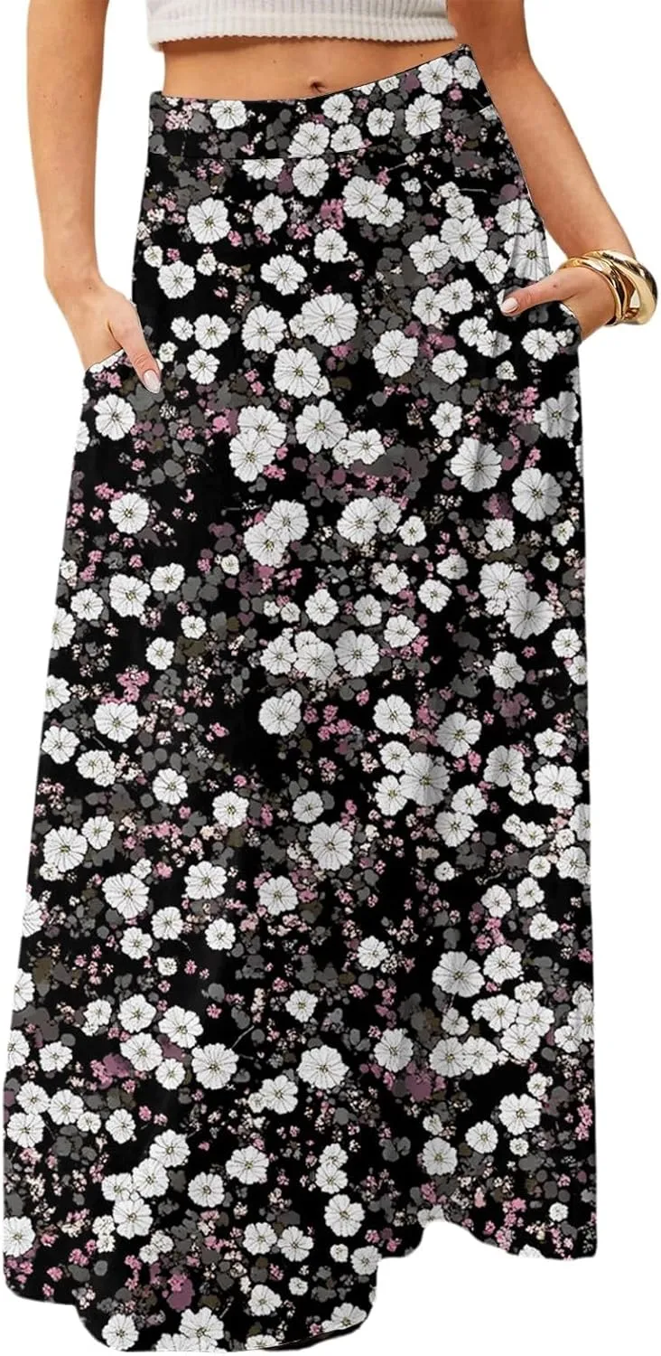 Skirts for Women Midi Length Summer High Waisted Pleated A-Line Swing Floral Long with Pockets