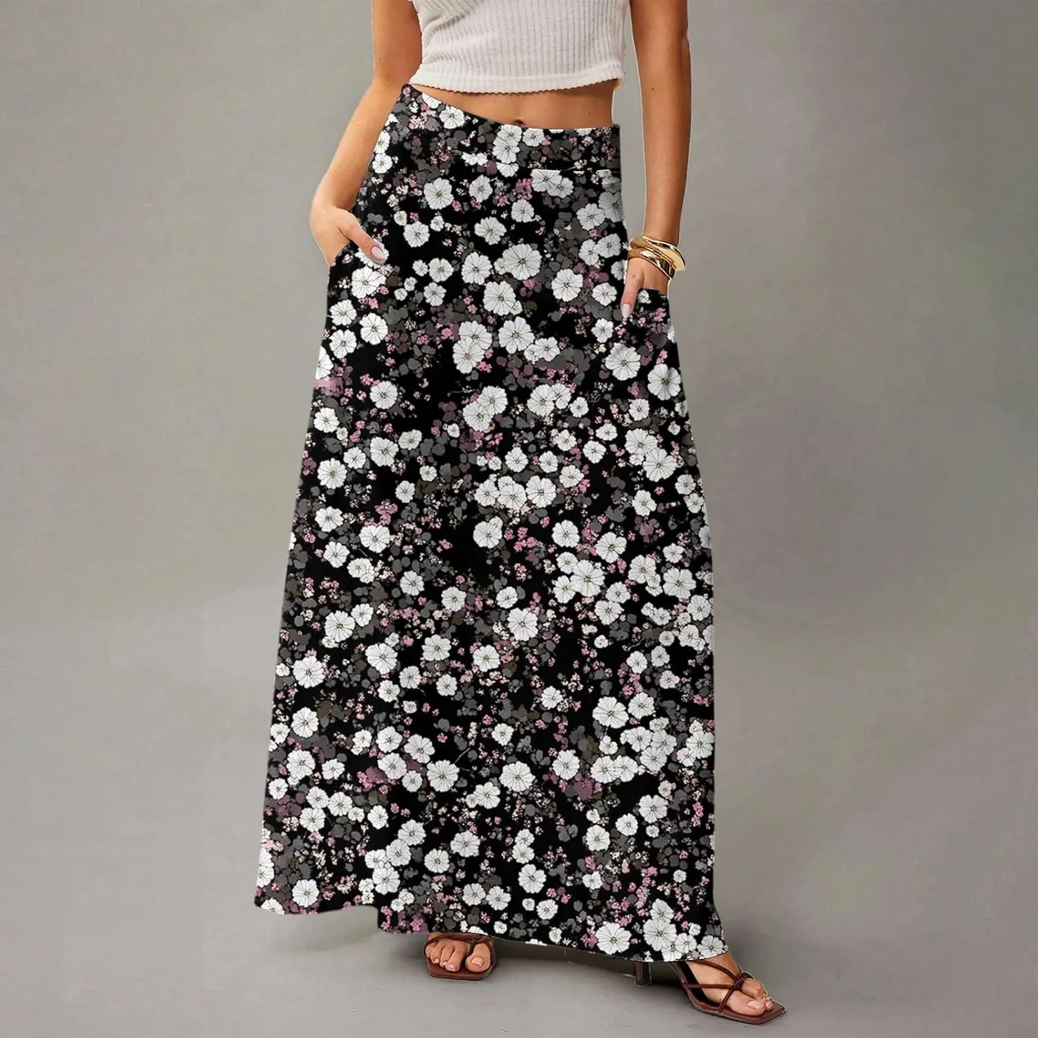 Skirts for Women Midi Length Summer High Waisted Pleated A-Line Swing Floral Long with Pockets