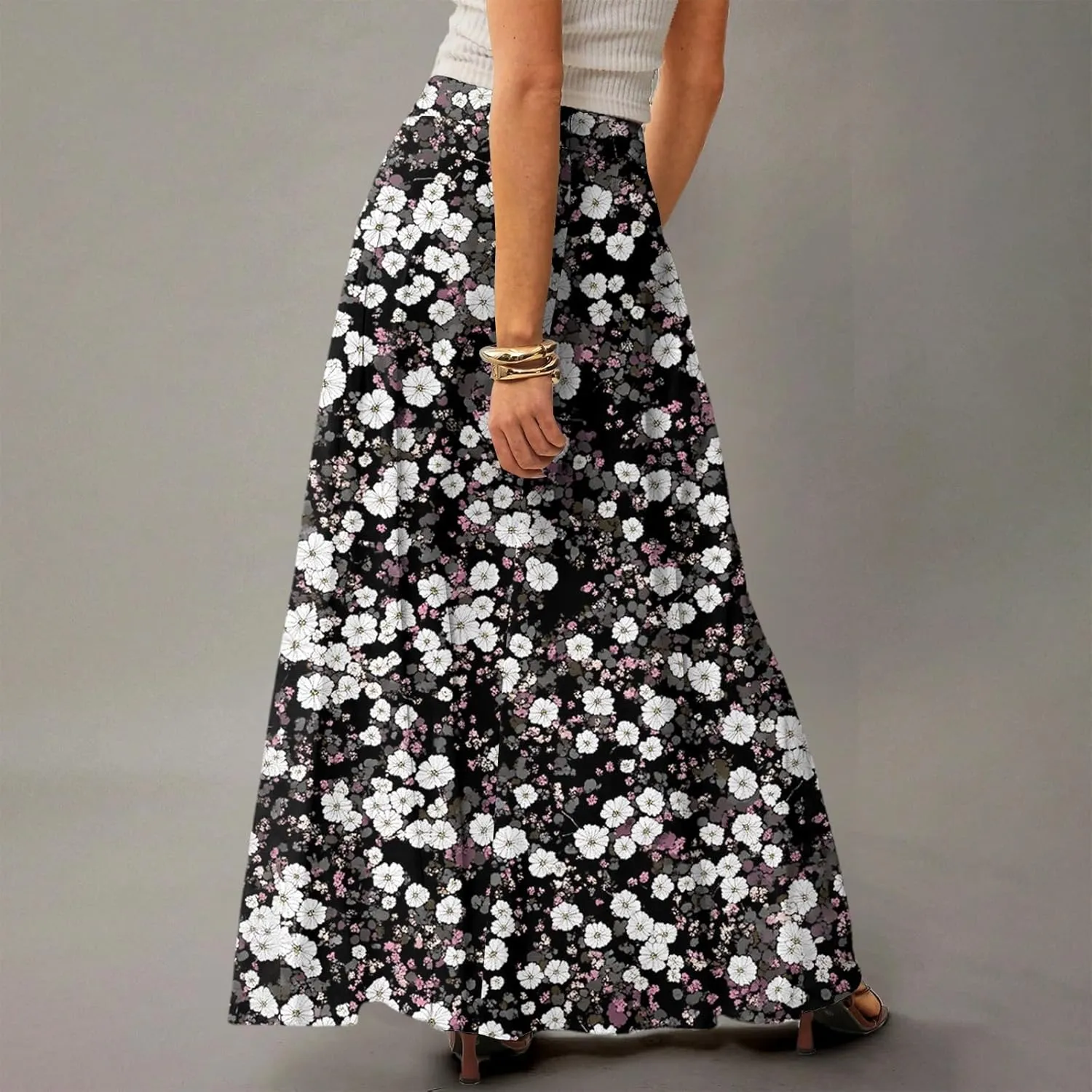 Skirts for Women Midi Length Summer High Waisted Pleated A-Line Swing Floral Long with Pockets