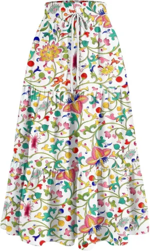 Skirts for Women Summer Tiered Elastic High Waisted Floral Skirt Vacation A Line Drawstring Flowy Long Skirts