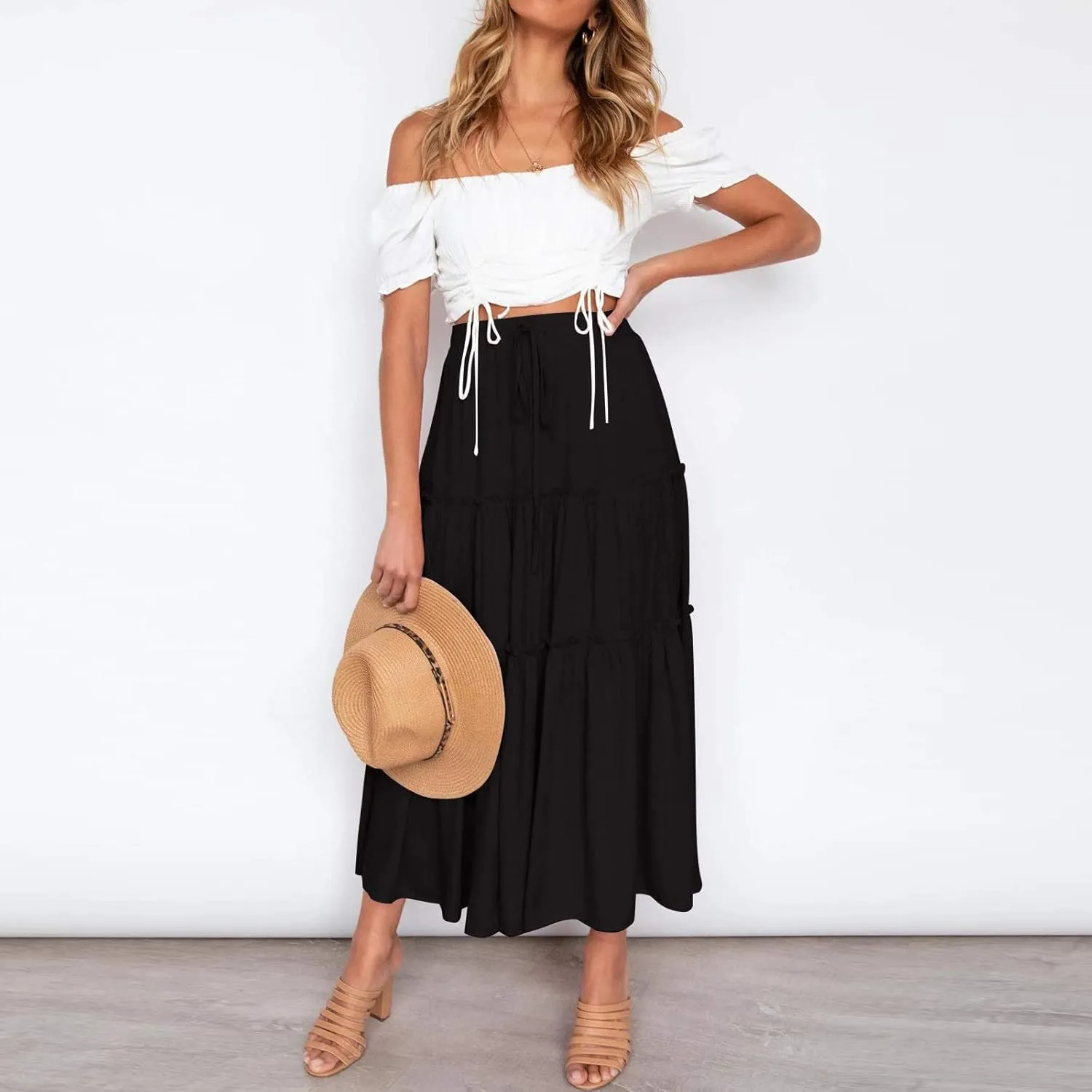 Skirts for Women Trendy High Waist Skirt Long Skirts Elegant Flowy A-line Flared Midi Skirt Spring Dresses Midi